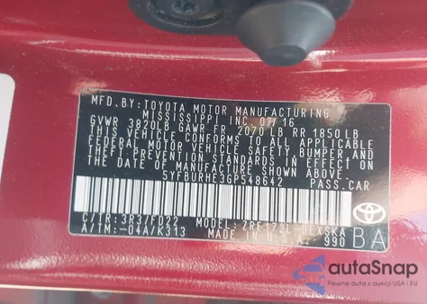 2016 Toyota Corolla S Plus из США, поврежденный, VIN 5YFBURHE3GP548642